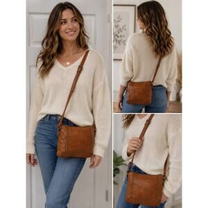 Vilenca Holland Genuine Leather Studded Crossbody Bag Cognac Brown Boho